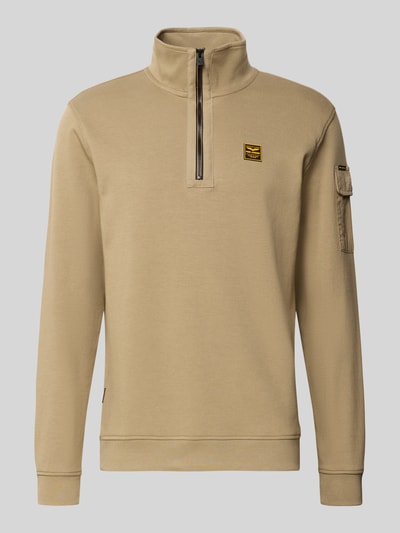 Produktfoto, Regular Fit Sweatshirt Baumwoll-Mix mit Troyer-Kragen van PME Legend in beige met logopatch, schipperskraag, mouwzak, lange mouwen, elastische boordjes, ruglengte maat M 68 cm, mouwlengte maat M 68 cm