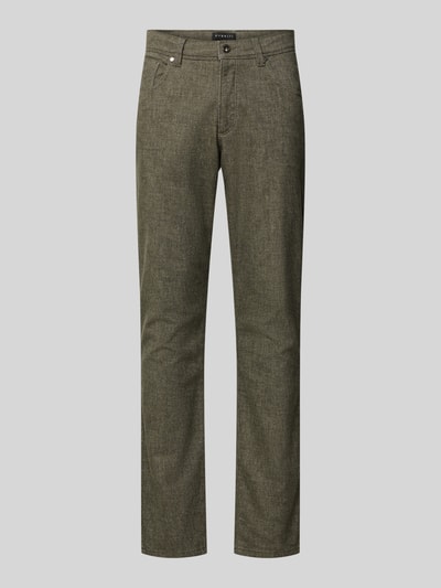 Productfoto, Regular Fit Hose aus Baumwoll-Mix mit Viskose-Anteil Modell 'Cordoba' van bugatti, olijfgroen met fijne textuur, schuine steekzakken, context: herenbroek, taillewijdte maat 32/32: 42 cm, binnenbeenlengte 82 cm
