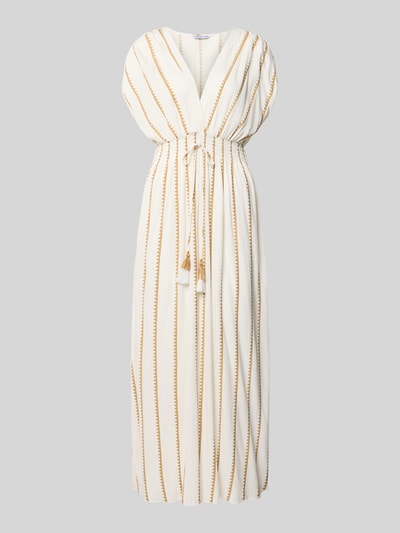 Produktfoto, Maxikleid aus reiner Viskose von ZABAIONE in Creme mit goldfarbenen Streifen, tailliert, elastische Taille, Zierbänder, V-Ausschnitt