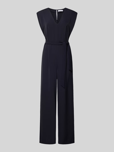 Produktfoto, Jumpsuit mit V-Ausschnitt und Bindegürtel von comma in Dunkelblau, Material-Mix mit Stretch, Regular Fit, glatte Oberfläche