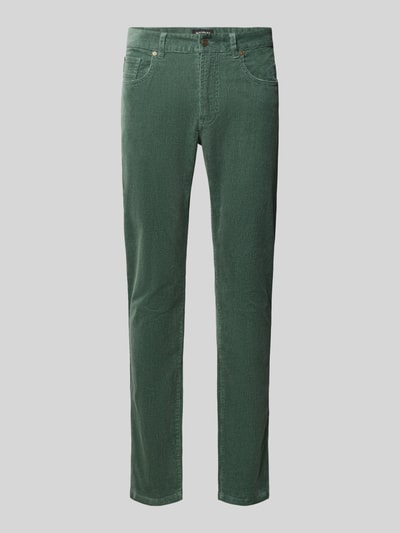 Productfoto, groene corduroy broek van Scotch & Soda, katoenmix met stretch, straight fit, Model 'RALSTON', 5-pocketmodel, knoop- en ritssluiting, bandwijdte maat 32/32: 44 cm, binnenbeenlengte 82 cm