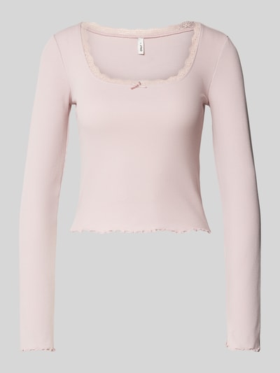 Only Slim fit shirt met lange mouwen en met kant versierde boothals, model 'WILMA' Roze - 2