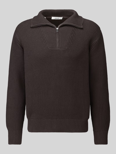 Selected Regular Fit Pullover aus reiner Baumwolle mit Troyer-Kragen Schoko 2