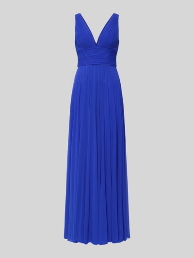 Produktfoto, Abendkleid mit tiefem Herz-Ausschnitt von Mascara in kräftigem Blau, Taillierte Passform, Taillenpasse, Maxilänge, Nahtreißverschluss, Ärmelloses-Design, Rückenlänge bei Größe 36: 158 cm, Brustweite bei Größe 36: 37 cm, fließende Stoffstruktur