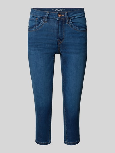 Produktfoto, Slim Fit Caprijeans aus Baumwoll-Mix von Tom Tailor in Dunkelblau, 5-Pocket-Design, Denim-Optik, Logo Patch am Bund, glatte Struktur