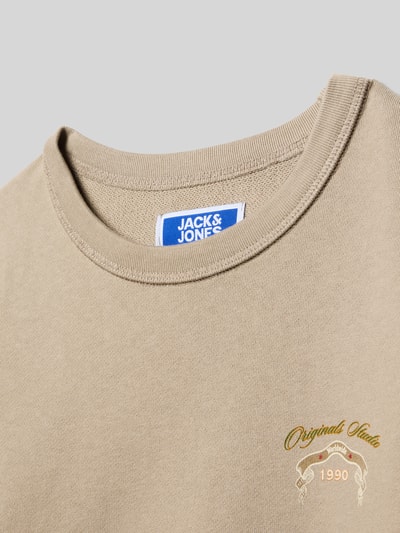 Produktfoto, Regular Fit Sweatshirt mit Logo-Print Modell 'Upstate' von Jack & Jones, reine Baumwolle, Rundhalsausschnitt, beiger Stoff, feine Struktur