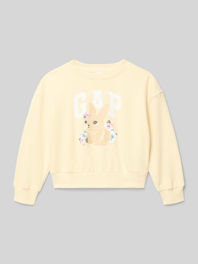 Produktfoto, Sweatshirt mit Motiv- und Logo-Print von GAP aus Baumwoll-Mix in Hellgelb, Loose-Fit, gerippter Rundhalsausschnitt.