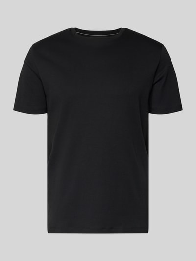 Produktfoto, schwarzes T-Shirt mit geripptem Rundhalsausschnitt von Christian Berg Men, reine Baumwolle, Regular Fit, glatte Textur.