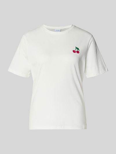 Produktfoto, weißes T-Shirt aus Baumwolle Modell 'SYBILLA' von Vila mit Kirschen-Stickerei, gerader Schnitt, Rundhalsausschnitt, glatte Textur