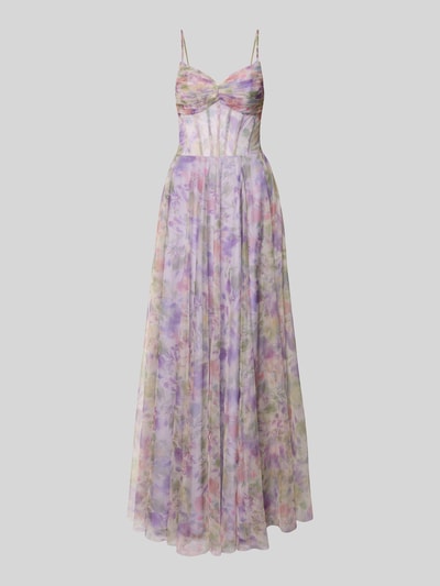 Produktfoto, Corsagenkleid im Allover-Look von Mascara in A-Linie, Maxikleid mit Drapierungen, mehrfarbig, fließender Stoff, florales Muster.