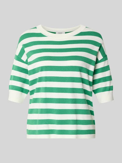Produktfoto, Regular Fit T-Shirt aus Viskose-Mix Modell 'Morla' von B.Young, mieszanka wiskozy, krój regular fit, okrągły dekolt, rękaw o dł. 7/8, długość tyłu w rozmiarze S 57 cm, długość rękawów w rozmiarze S 23 cm, zielone i białe pasy, gładka tekstura