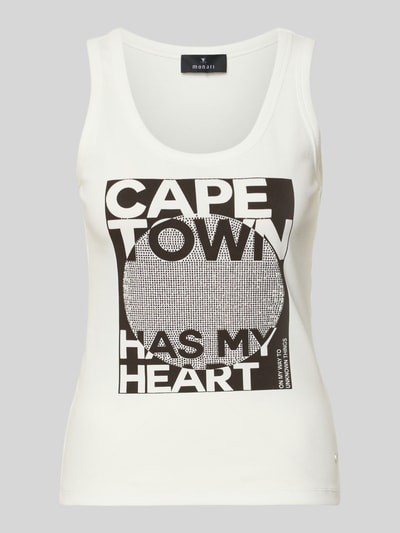 Produktfoto, weißes Slim Fit Top mit Strasssteinbesatz Modell 'Cape Town' von monari, Statement-Print, elastischer Baumwoll-Mix
