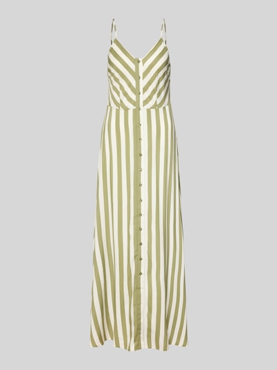 Produktfoto, Maxikleid aus Viskose mit Knopfleiste Modell 'SAVANNA' von YAS, grüne und weiße Längsstreifen, glatte Textur, gerader Schnitt.