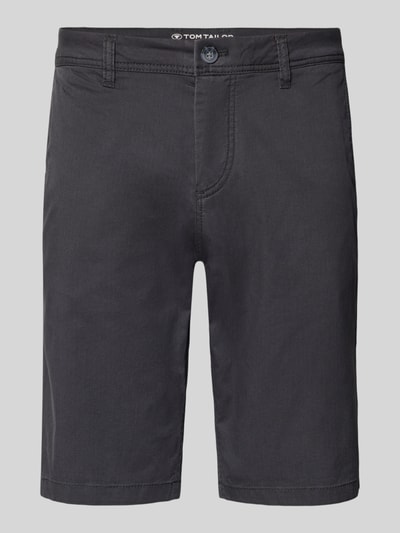 Produktfoto, Slim Fit Chinoshorts aus Baumwoll-Mix von Tom Tailor mit Optik:Allover-Muster, Passform: Slim-Fit, Webmuster, Logo-Applikation, Gürtelschlaufen, Verschluss: Knopf und verdeckter Reißverschluss, Eingrifftaschen, Gesäßtaschen, Materialverarbeitung: Twill, Material: Baumwoll-Mix, in dunklem uni Farbton, glatte Struktur