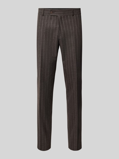 Productfoto, Straight Fit Anzughose mit Woll-Anteil Modell 'Cole' van CG – CLUB of GENTS, elastische mix van materialen, bruine tint met witte krijtstreep, bandplooien, knoop- en ritssluiting, steek- en achterzakken, taillewijdte 44 cm, binnenbeenlengte 80 cm