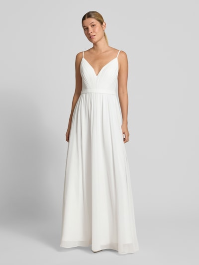 Vrouwenmodel draagt avondjurk met Raffungen en diepe v-hals van Mascara, Dames, chiffon, a-lijn, maxi-jurk, spaghettibandjes, rugdecolleté, haakjes- en ritssluiting, ruglengte bij maat 36: 157 cm, borstwijdte bij maat 36: 39 cm, geheel lichaamsaanzicht van voren.