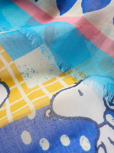 Produktfoto, Tuch aus Shetlandwolle mit Fransen von Codello, bunt kariertes Muster mit Snoopy-Motiv, weiche Textur, reine Shetlandwolle, quadratische Form