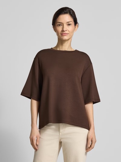 Vrouwenmodel draagt Sweatshirt met 1/2-mouw model 'BANU 231' van Soyaconcept, rondhals, modal-mix, relaxed fit, voorkant bovenlichaam close-up.