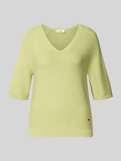 Produktfoto, Regular Fit Strickpullover aus Baumwoll-Mix von s.Oliver RED LABEL, kolor jednolity, krój regular fit, dekolt w serek, rękaw krótki raglanowy, ściągacze, aplikacja z logo z metalu, dzianina, struktura bawełniana