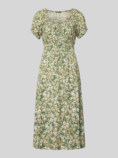 Produktfoto, Midikleid aus Viskose mit Rüschenärmeln von Apricot, grünes Blumenmuster, Taillierter Schnitt, Rundhalsausschnitt, Smok-Detail.