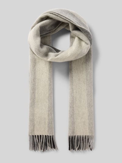 Produktfoto, Schal aus reiner Wolle von Matinique in Beige und Grau, rechteckige Form, gewebte Optik, Kordel-Abschluss, 38 x 178 cm.