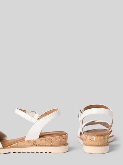 Produktfoto, Sandalen in Lederoptik mit Korkabsatz von Tamaris, Optik: Unifarben, Schuhspitze: Offen, Abgerundet, Absatzform: Keilabsatz, Applikation: Label-Prägung, Verschluss: Dornschließe, Sohle: Korkabsatz, Profiliert