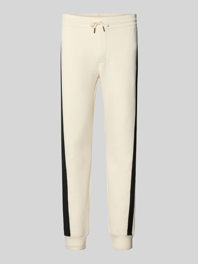 Produktfoto, Sweatpants mit Bordüre von Armani Exchange in Creme mit schwarzen Seitenstreifen, gerader Schnitt, Baumwoll-Mix, elastischer Bund.