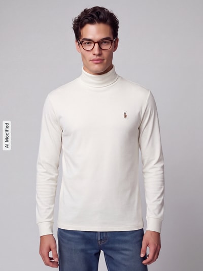 Mannelijk model draagt regular fit coltrui van puur katoen, Regular Fit Rollkragenpullover aus reiner Baumwolle van Polo Ralph Lauren, heren, Ganzkörperansicht van voren, KI-modifiziertes Bild.