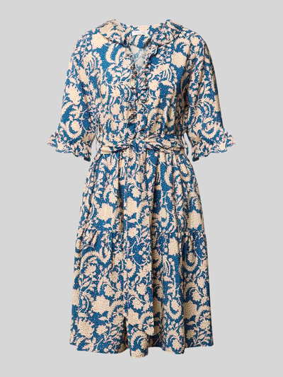 Produktfoto, Knielanges Kleid aus Viskose im Allover-Look von Christian Berg Woman, blau-beige gemustert, A-Linie, V-Ausschnitt, Volants, Bindegürtel, Struktur mit softer Textur
