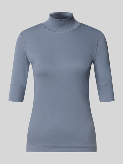 Produktfoto, Slim Fit T-Shirt aus Baumwoll-Mix mit Stehkragen von Marc Cain in Blau, 1/2-Arm, glatte Textur, schlichtes Design.