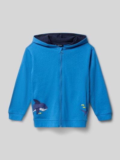 Produktfoto, Sweatjacke mit Kapuze und Motiv-Print von Blue Seven, bawełna, krój regular fit, nadruk z motywem, kaptur, zamek, kieszenie, kolor niebieski, tekstura gładka