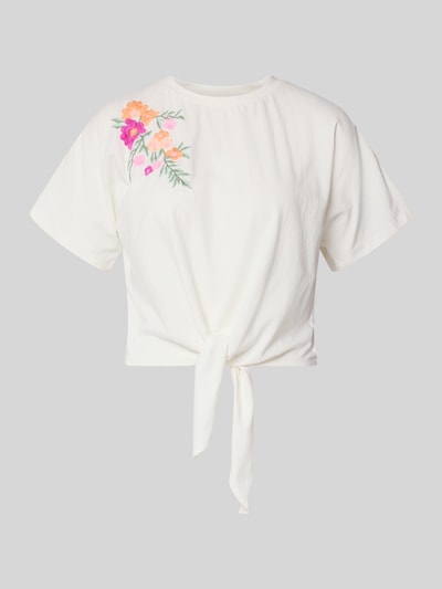 Produktfoto, Damen T-Shirt von YAS aus Reine Baumwolle im Regular-Fit, Modell 'Fabian' mit floralem Stitching und Zierknoten, cremefarben, Rückenlänge bei Größe S 47 cm.