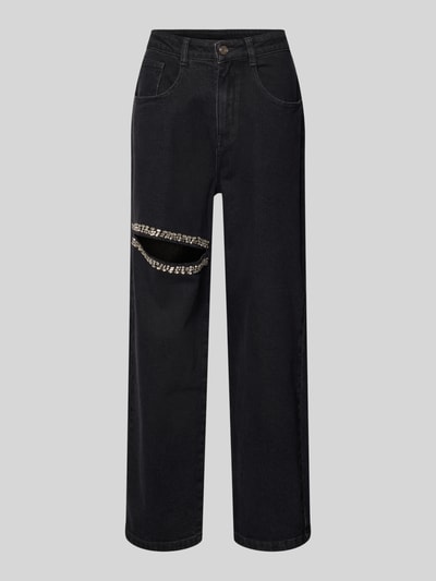 Produktfoto, Jeans mit Cut Out und Ziersteinbesatz van Karo Kauer in zwart, relaxed fit, katoen-elastaan mix, zichtbare sierstenen, rechte pijpen.