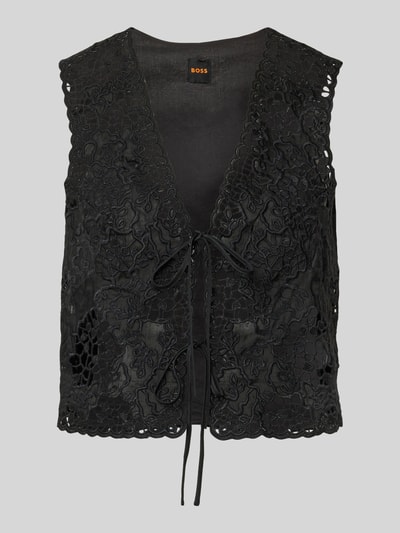 Produktfoto, Besticktes Top aus Baumwoll-Mix mit Bindedetails Modell 'IRIKA' von BOSS Orange, schwarz, Optik: Unifarben, Regular-Fit, Stickerei, V-Ausschnitt, Verschluss: Bindebänder, Material: Baumwoll-Mix, strukturierte Oberfläche
