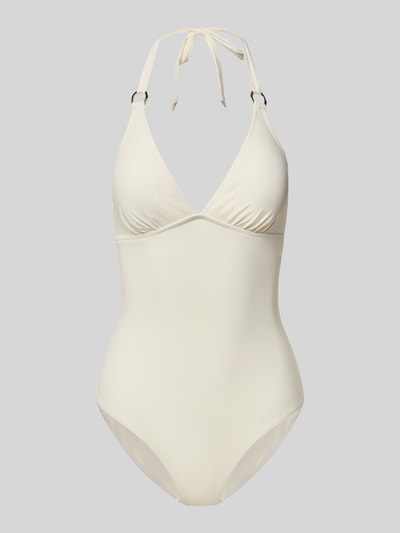 Produktfoto, kostium kąpielowy z fakturowanym wzorem, model 'Millor Beach' od JOOP! Collection, mieszanka materiałów z dodatkiem streczu, dopasowany krój, wiązanie na szyi, kolor jasny