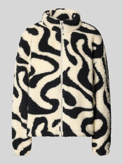 Produktfoto, Regular Fit Jacke aus Teddyfell Modell 'Luca' von NOISY MAY®, schwarz-weißes Muster, flauschige Oberfläche, Stehkragen, Reißverschluss, elastische Abschlüsse