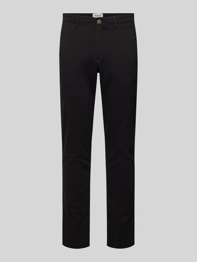 Produktfoto, czarne Slim Fit Hose mit Gesäßtaschen Modell 'MARCO' od Jack & Jones, bawełna z elastanem, proste nogawki, widok z przodu.