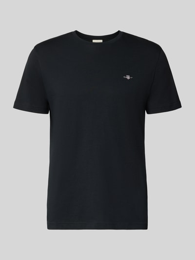 Produktfoto, Regular Fit T-Shirt mit Label-Stitching Modell 'SHIELD' von GANT, unifarbenes Design in Schwarz, reine Baumwolle, Rundhalsausschnitt