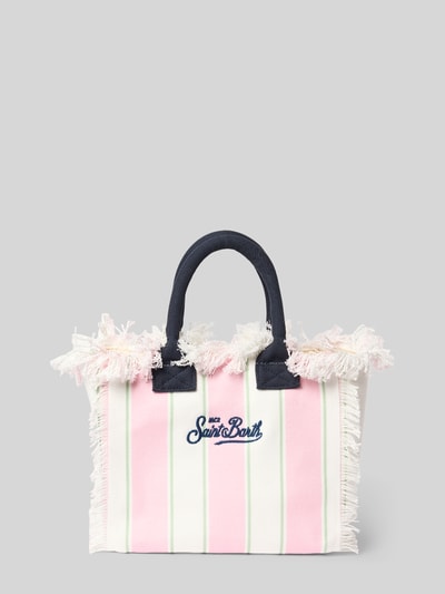 Produktfoto, Handtasche mit Label-Print und Fransen Modell 'COLETTE' von MC2 Saint Barth, Reine Baumwolle, Hauptfach mit Reißverschluss, Label-Print, Fransen, Tragehenkel, Schulterriemen 117 cm, Breite 28 cm, Länge 23 cm, Tiefe 14 cm, pastellrosa mit weißen und grünen Streifen, strukturierte Oberfläche