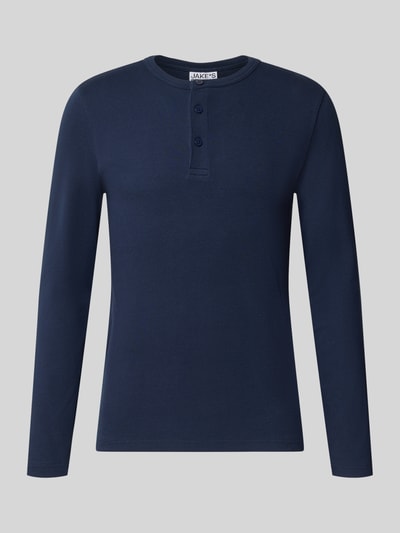 Produktfoto, dunkelblaues Relaxed Fit Langarmshirt aus Baumwoll-Mix Modell 'MORRIS' von Jake*s Studio Men vor grauem Hintergrund