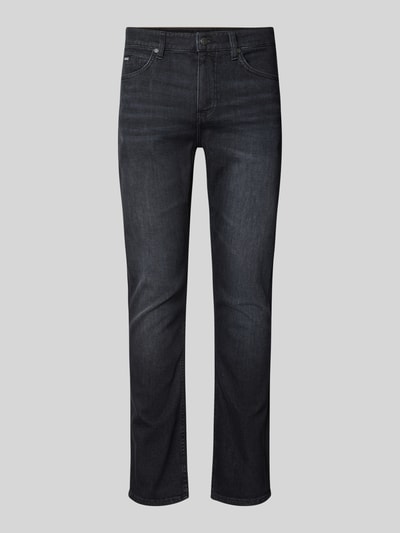 Produktfoto, rechte, donkergrijze jeans met lichte wassingen, rechte pijp, subtiele textuur, Slim Fit Jeans aus Baumwoll-Mix Modell 'Delaware' van BOSS, heren straight fit jeans