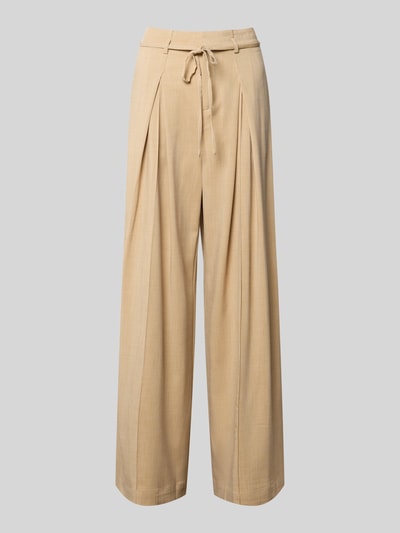 Produktfoto, Wide Leg Stoffhose mit Bindegürtel Modell 'JEFF' von SUNCOO PARIS, Damen Stoffhose aus Material-Mix mit Viskose-Anteil, beige, glatte Textur, Bundweite 37 cm, Innenbeinlänge 76 cm, Größe S.