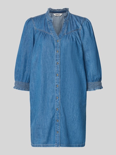 Produktfoto, Fließendes Jeanskleid aus reiner Baumwolle Modell 'RAYA' von Only in Mini-Länge, Denim-Optik, V-Ausschnitt, Puffärmel, blaue Textur