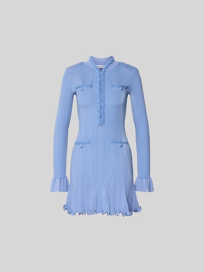 Produktfoto, Minikleid aus Viskose-Mix von Self-Portrait in Hellblau, taillierte Passform, Zierbesatz, Stehkragen, langärmelig, feine Rippstruktur