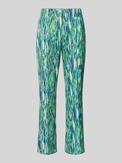 Produktfoto, Feminine Fit Hose im Allover-Look von Marc Cain, Damen Hose im Material-Mix mit Stretch-Anteil, grün-blaues Muster, Regular Waist, Bundweite 36 cm, Innenbeinlänge 72 cm.