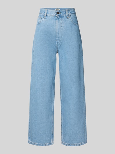 Produktfoto, Wide Leg Jeans im 5-Pocket-Design Modell 'Brandon' von Carhartt Work In Progress aus Reine Baumwolle in hellblau, Wide-Fit, sichtbarer Knopf- und Reißverschluss, Hinweise auf Bundweite 40 cm und Innenbeinlänge 72 cm bei Größe 27.