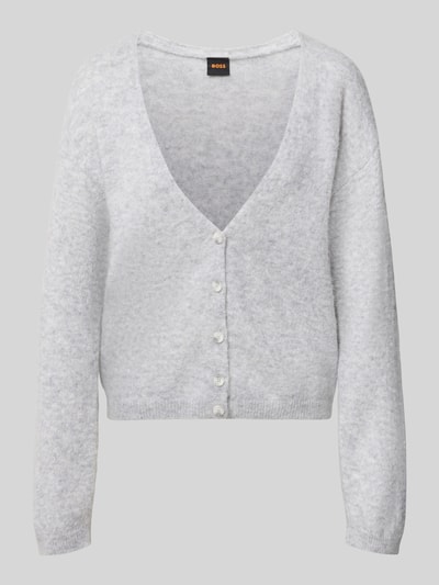 Produktfoto, Relaxe-Fit Strickjacke aus Alpacka-Mix mit Woll-Anteil Modell 'C_Farano' von BOSS Orange, hellgrau meliert, Strick, V-Ausschnitt, einreihige Knopfleiste, gerippte Abschlüsse