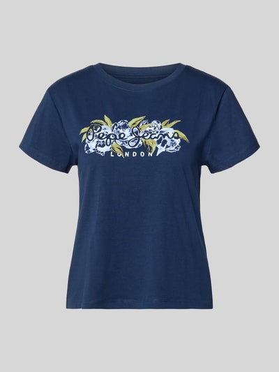 Produktfoto, Regular Fit T-Shirt aus reiner Baumwolle Modell 'MAHINA' von Pepe Jeans, dunkelblau, weißer und gelber Print, Rundhals, kurzarm, unifarben, glatte Baumwolltextur.