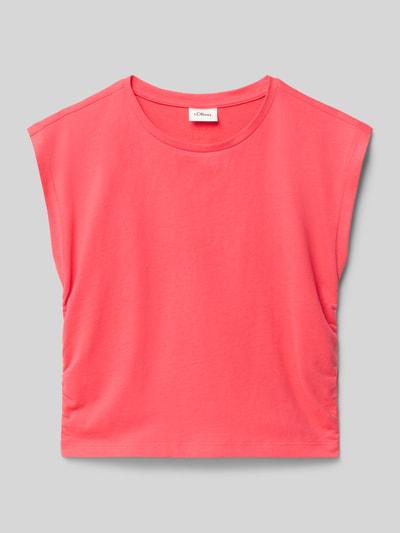 Produktfoto, V-Shape T-Shirt aus reiner Baumwolle von s.Oliver RED LABEL, Optik: Unifarben, Statement-Print-Applikation, Raffung, Rundhals, Ärmelform: Ohne, Materialverarbeitung: Jersey, Farbe: Pink, weiche Struktur.