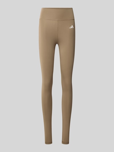 Produktfoto, Eng anliegende Sport-Leggings mit Logo-Print von adidas in Beige, glatte Oberfläche, schmale Passform, adidas Training Kontext